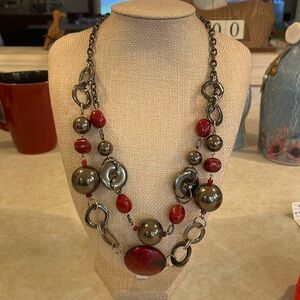 Necklace, Gunmetal And Red Bead, Double layer Statement Necklace